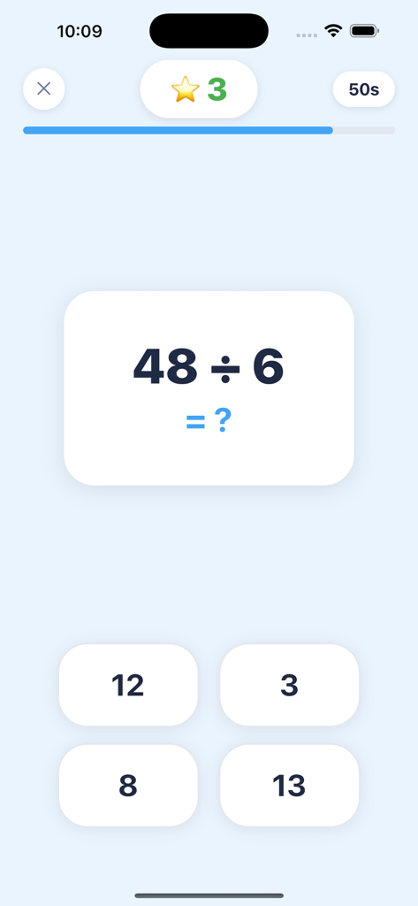 Math Sprint Arithmetic - Math Sprint Arithmetic app screen displaying a division problem and multiple choice answers for kids