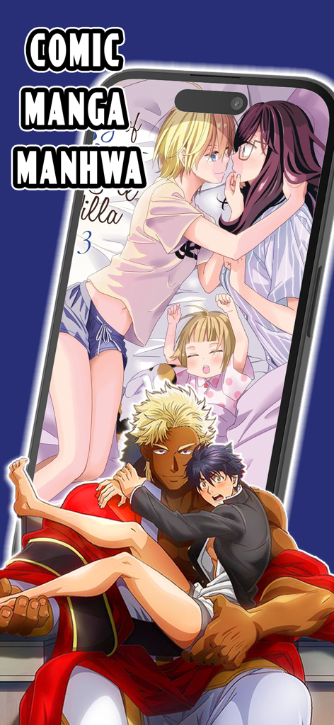 Manga Reader: Webcomic, Manhwa - Manga Reader app interface displaying popular romance and manhwa titles on a smartphone