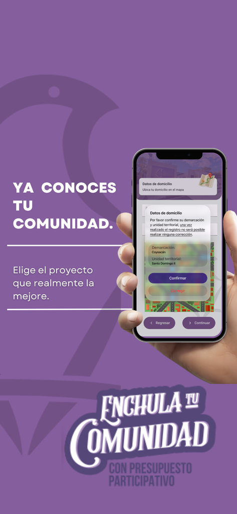 Hand holding a smartphone displaying the IECM app address confirmation screen for local community projects in Mexico City