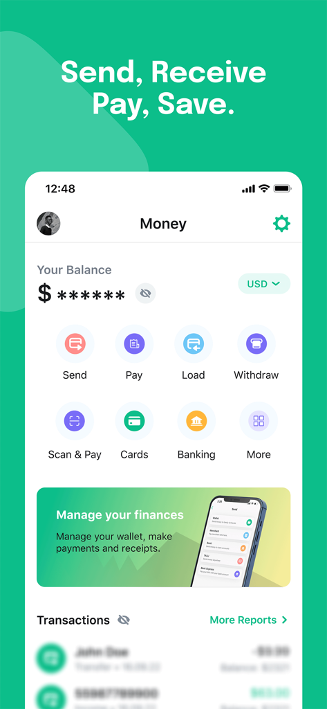 WAAFI APP - WAAFI app dashboard showing mobile money options like send pay and withdraw