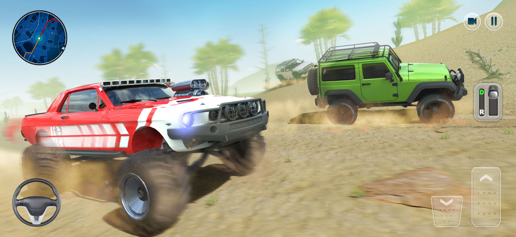 Crazy Driving - Street Race - Red muscle car and green SUV driving on desert sand in an open world game