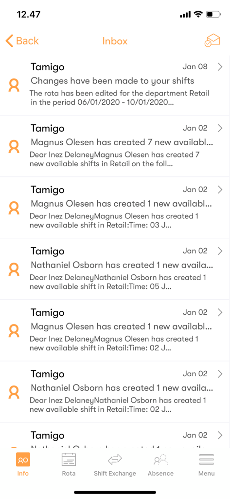 tamigo - Interfaz de la bandeja de entrada de la aplicación tamigo que muestra notificaciones de actualización de turnos y nuevos turnos disponibles