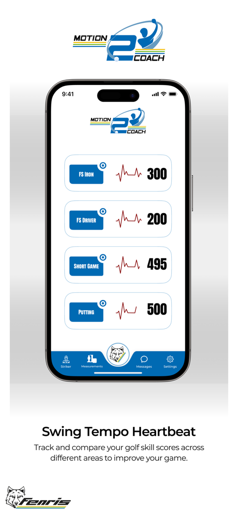Motion2Coach Golf - Motion2Coach Golf app dashboard displaying swing tempo heartbeat and skill scores for iron driver short game and putting