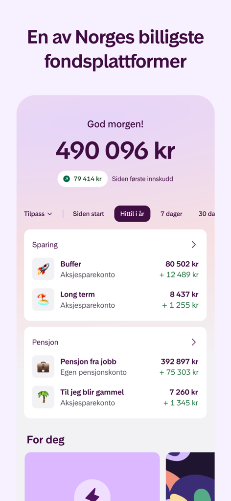 Kron - Investering for alle - Tableau de bord de l'application d'investissement Kron montrant le solde du portefeuille et les catégories d'actifs