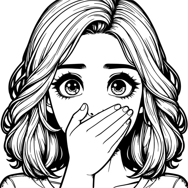 realistic girl covering her mouth with her hand wide eyed in shock and fear