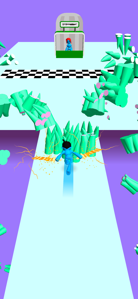 A 3D character slicing through green obstacles with glowing swords in a runner game