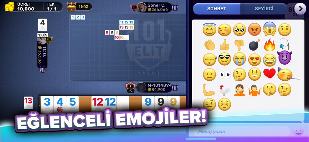 101 Yüzbir Okey Elit - Screenshot of 101 Yüzbir Okey Elit mobile game showing gameplay tiles and a menu of fun emojis for social interaction