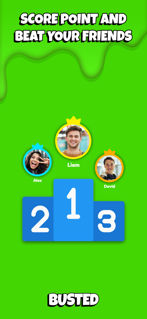 Busted & Exposed 2: Party Game - 自撮り写真とともに表彰台に立つ3人の友達が表示された、Busted Exposed 2パーティーゲームのリーダーボード画面