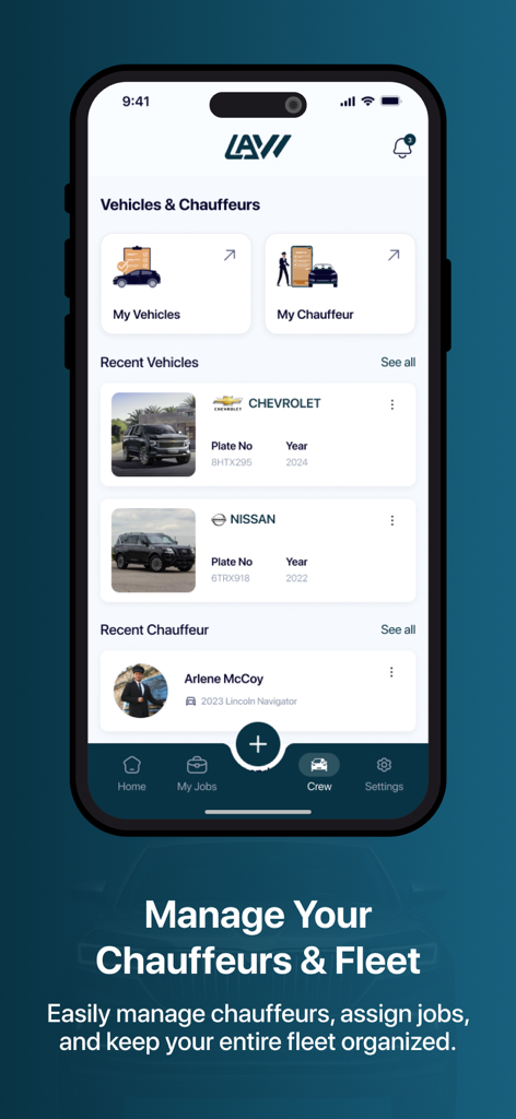 Dashboard of the LAW app showing vehicle and chauffeur management with recent car entries and driver profiles.