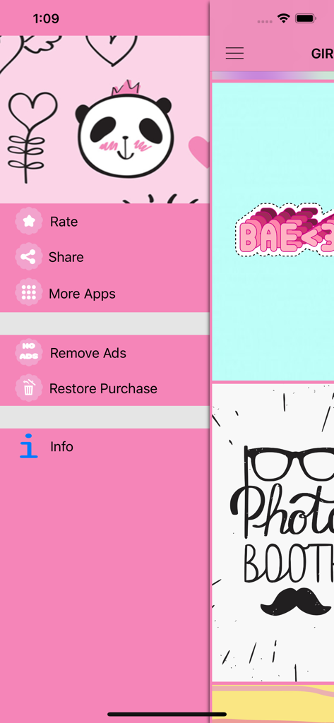 Menu latéral et galerie de fonds d'écran présentant des designs esthétiques roses et une icône de panda mignonne.