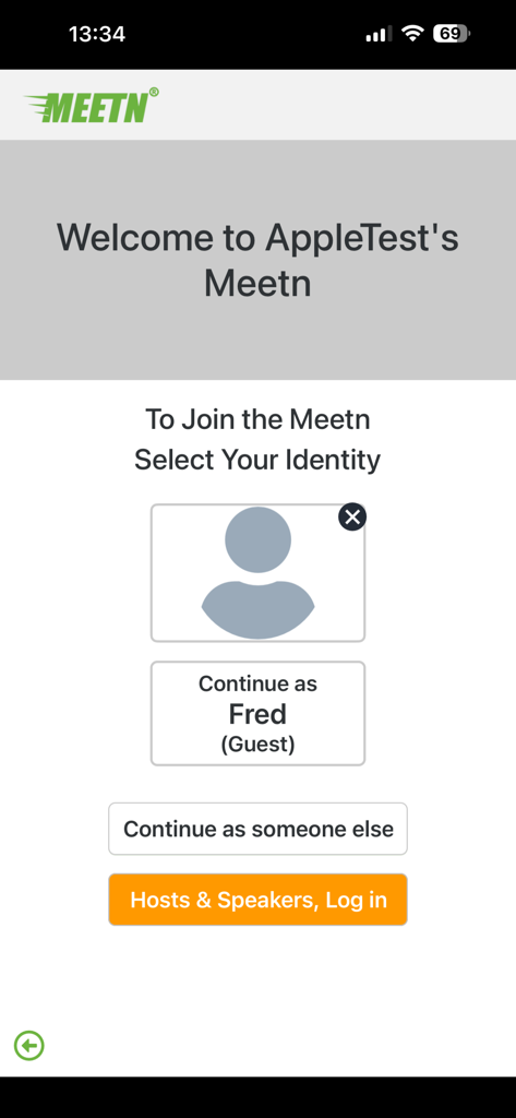 Tela do aplicativo Meetn para selecionar identidade e ingressar em uma reunião virtual como convidado ou anfitrião