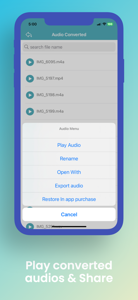 Interface of the video to mp3 converter app showing a list of converted audio files and a menu with options to play rename and export