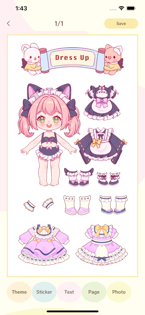 Cute notes - Daily Planner - Digital planner interface showing a dress up activity with a cute anime girl and various clothing stickers.