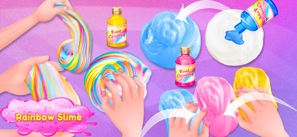 Fluffy Slime DIY Maker - Uma simulação digital mostrando mãos criando slime arco-íris com frascos de corante alimentar