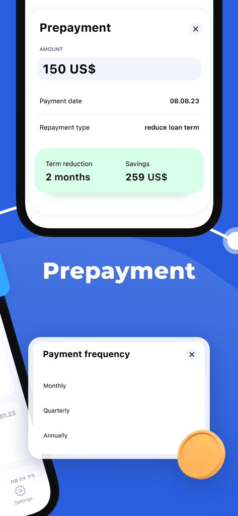 Loan calculator app interface showing prepayment savings and frequency options