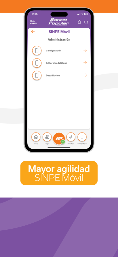 Interfaccia dell'app Banca Movil BPDC che mostra il menu di amministrazione SINPE Movil