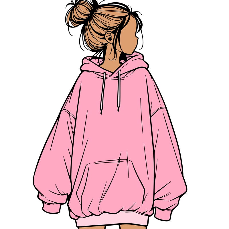 realistic girl with a oversized sweatshirt on and a bun