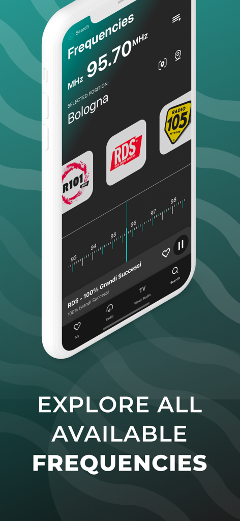 FM-world Radio app interface on an iPhone showing a frequency tuner and Italian radio station logos like RDS and Radio 105.