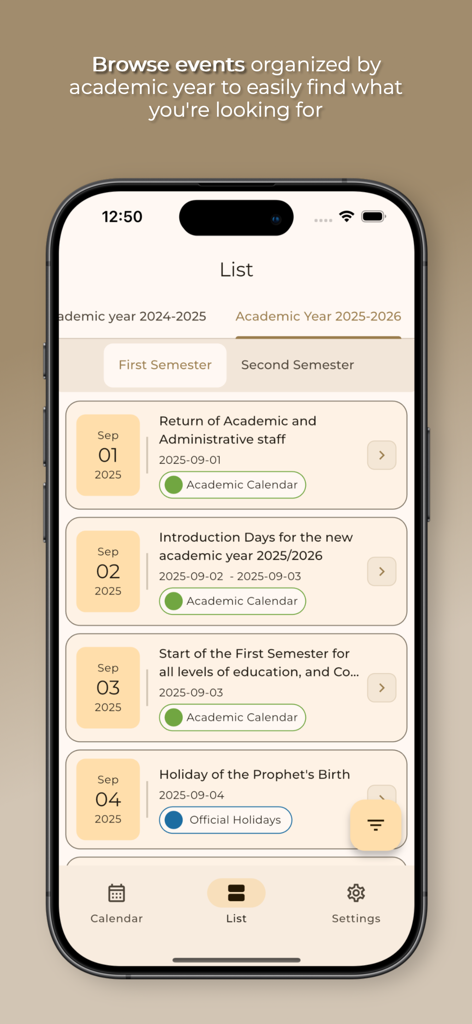 A list of academic events and holidays for the 2025-2026 school year in the eduCAL.BH app