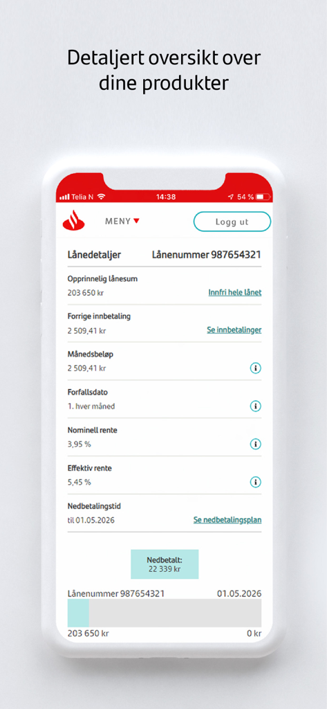 Santander Mobilbank - Tela detalhada de visão geral de empréstimo no aplicativo Santander Mobilbank mostrando valores de pagamento e taxas de juros