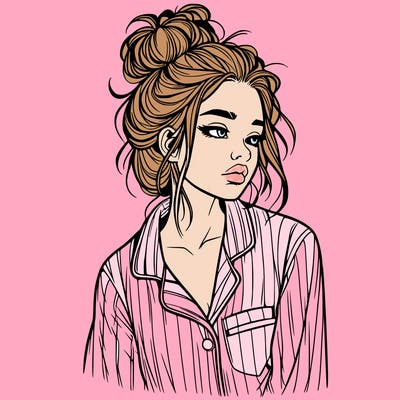 realistic woman with pajamas on and a messy bun