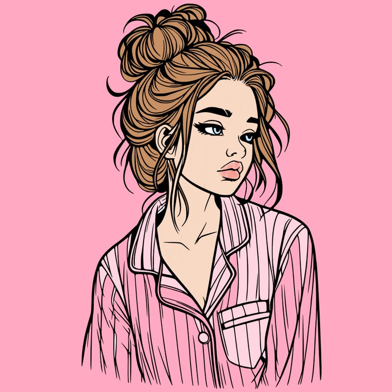 realistic woman with pajamas on and a messy bun