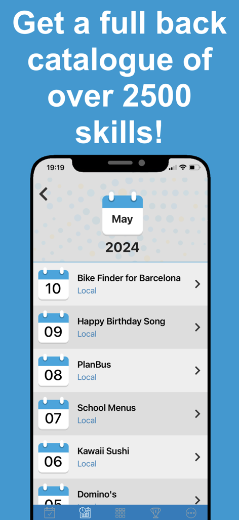 Skills for Amazon Alexa App - Uma interface de aplicativo móvel exibindo um histórico diário de skills selecionadas da Amazon Alexa, incluindo menus escolares e canções de aniversário