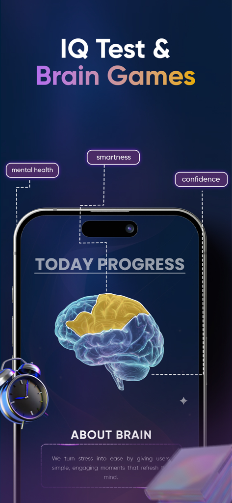 10000 Offline Games: No Wifi - Pantalla de smartphone mostrando el progreso de juegos de inteligencia y cerebro con un modelo 3D del cerebro.