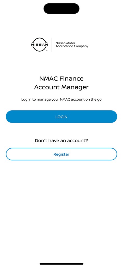 Login screen for the NMAC Finance Account Manager mobile app by Nissan