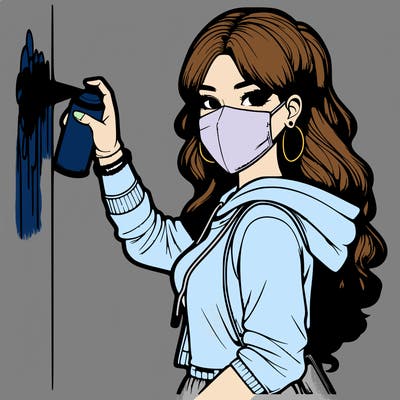 realistic girl with mask spray painting a wall