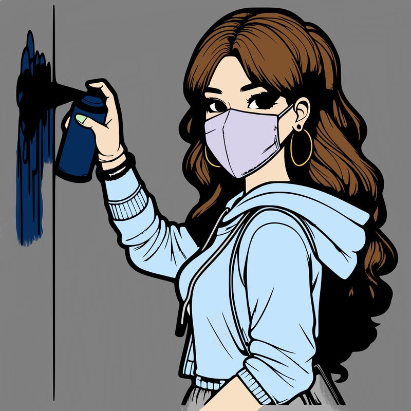 realistic girl with mask spray painting a wall