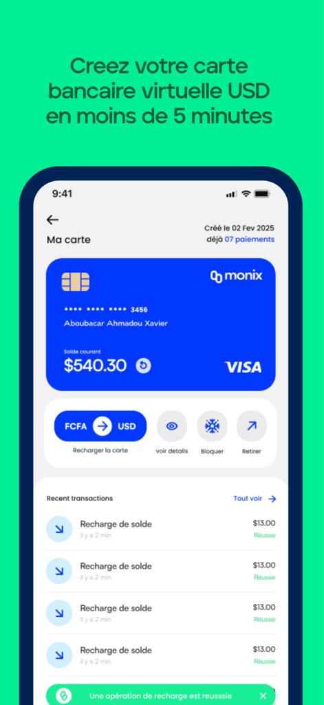 Monix - Cartes Bancaires - Mobile app interface of Monix showing a virtual USD Visa card and recent transaction history.
