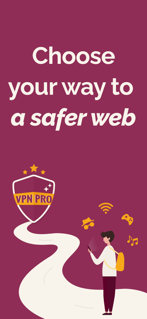 Illustration marketing pour l'application VPN Pro avec le texte Choisissez votre voie vers un Web plus sûr