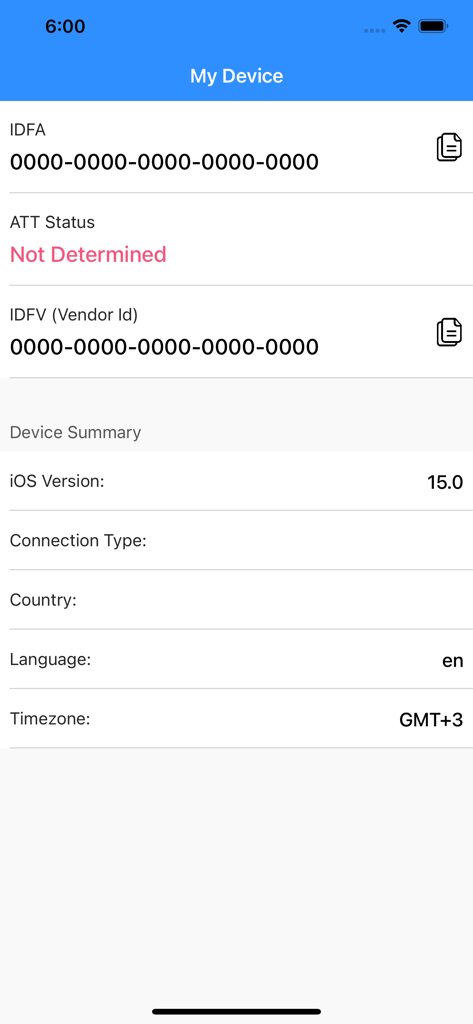 My Device - IDFA, IDFV - Interface of My Device app showing IDFA IDFV and device summary information