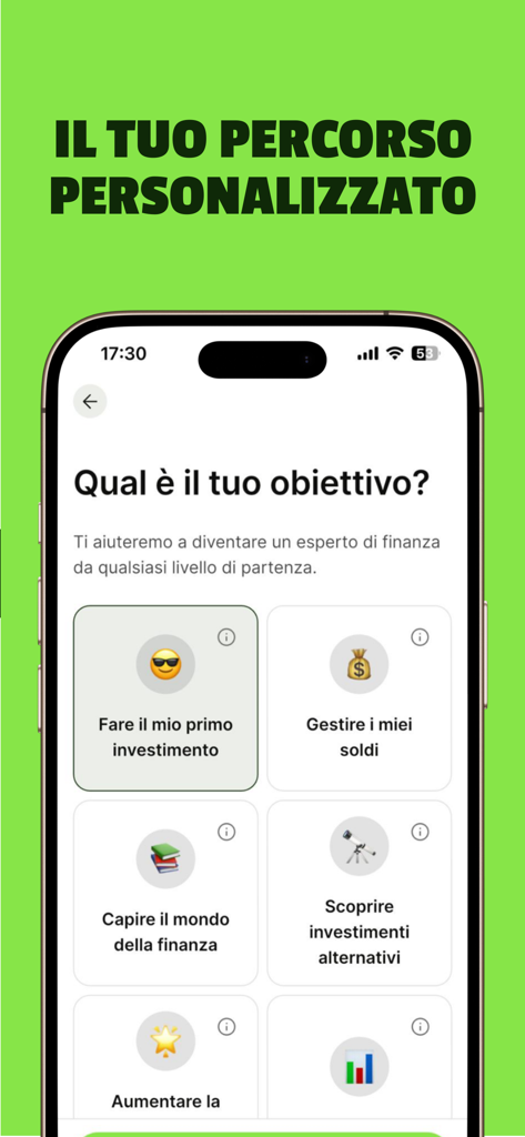 Finanz: Learn to Invest - Mobile screen showing a list of financial goals to create a personalized study plan in the Finanz app