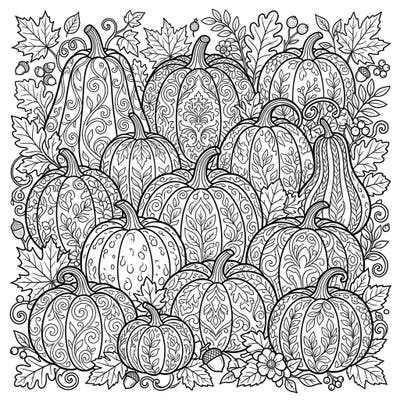 Discover a beautiful collection of decorative autumn pumpkins awaiting your artistic touch. This intricate fall coloring page is perfect for adults and teens seeking a relaxing seasonal activity.