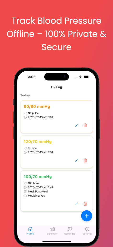 Blood Pressure Log Max - Blood Pressure Log Max app interface showing daily blood pressure and heart rate readings with notes on an iPhone