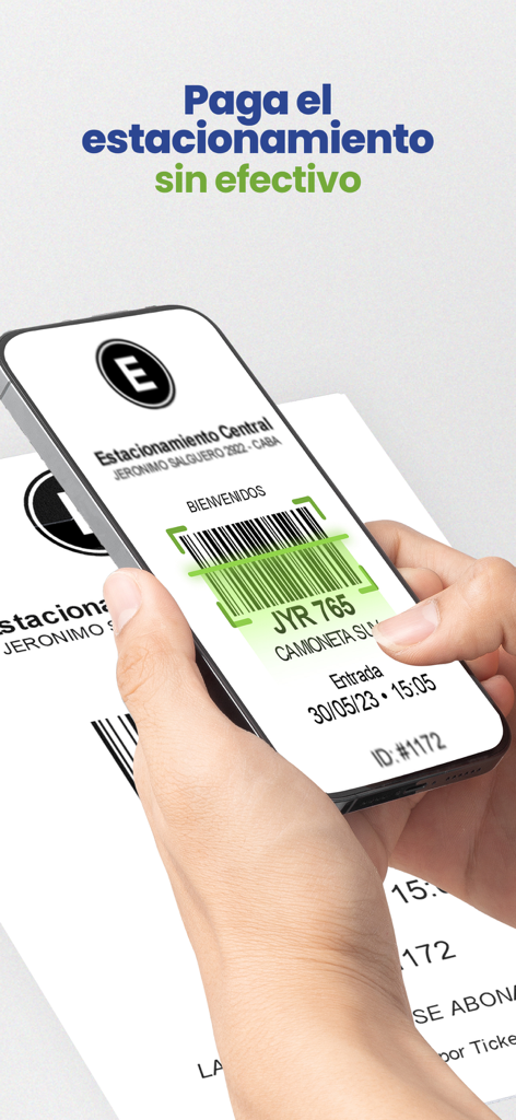 PASE - A hand holding a smartphone scanning a barcode on a parking ticket for cashless payment.