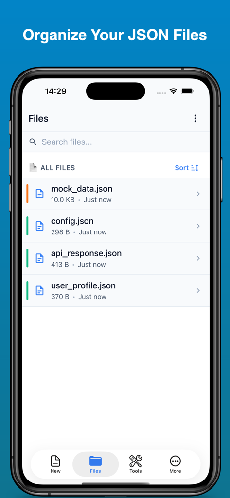 L'écran de gestion des fichiers de l'application JSON Viewer and Editor montrant une liste de fichiers JSON sauvegardés comme des données fictives et des fichiers de configuration