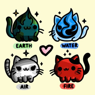 4 cats that represent the different elements, earth, water, air, and fire
