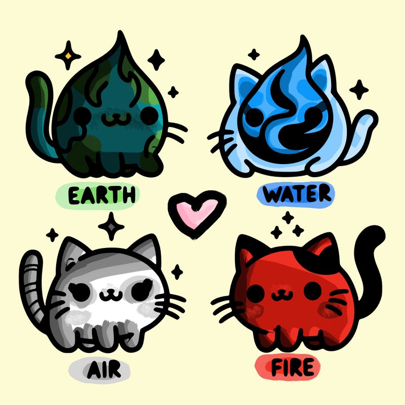 4 cats that represent the different elements, earth, water, air, and fire