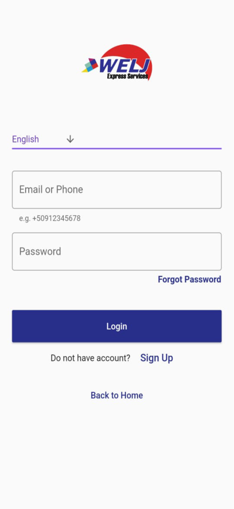 Login screen for the WELJ Express Services app with email and password fields