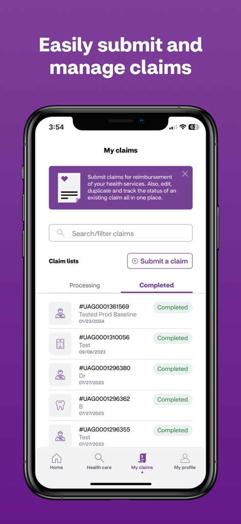 Mobile screen showing a list of completed healthcare claims in the Aetna International app