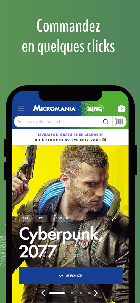 Micromania - Smartphone showing Micromania app with Cyberpunk 2077 banner for easy game ordering