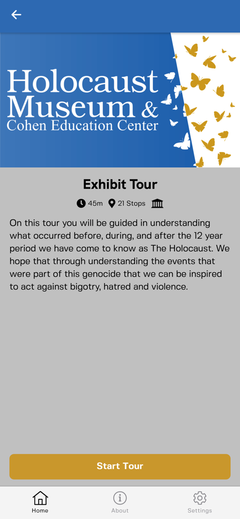 Tela inicial do tour de exposições do aplicativo Museu do Holocausto com introdução e botão iniciar tour
