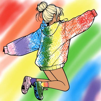 realistic girl jumping with a bun and oversized sweatshirt