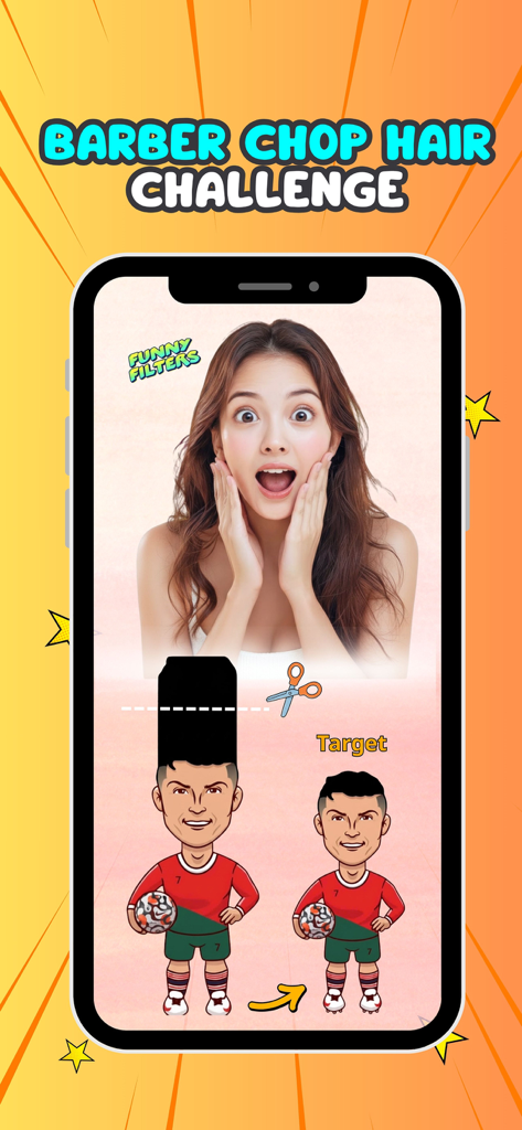 Filter Challenge: Master Cut - Jugabilidad móvil de un desafío de corte de pelo de barbero con un futbolista de dibujos animados y una niña sorprendida.