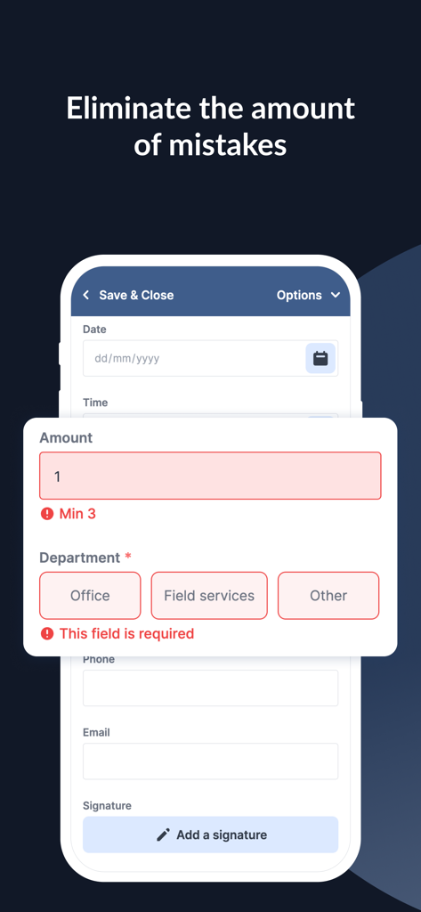 MoreApp Forms mobile interface showing data validation and error messages on a digital form