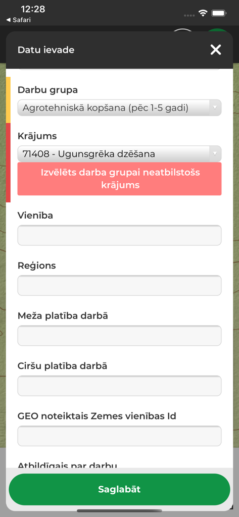LVM GEO Mobile - Data entry form in the LVM GEO Mobile app for forestry management reporting.