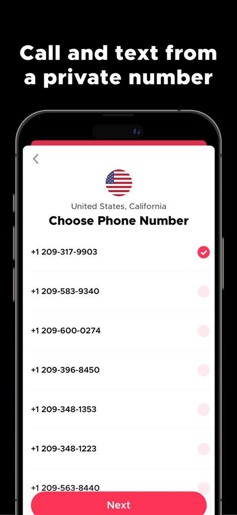 Change Phone Number by Numbr - Pantalla de la aplicación Numbr que muestra una lista de números de teléfono privados disponibles para California en los Estados Unidos